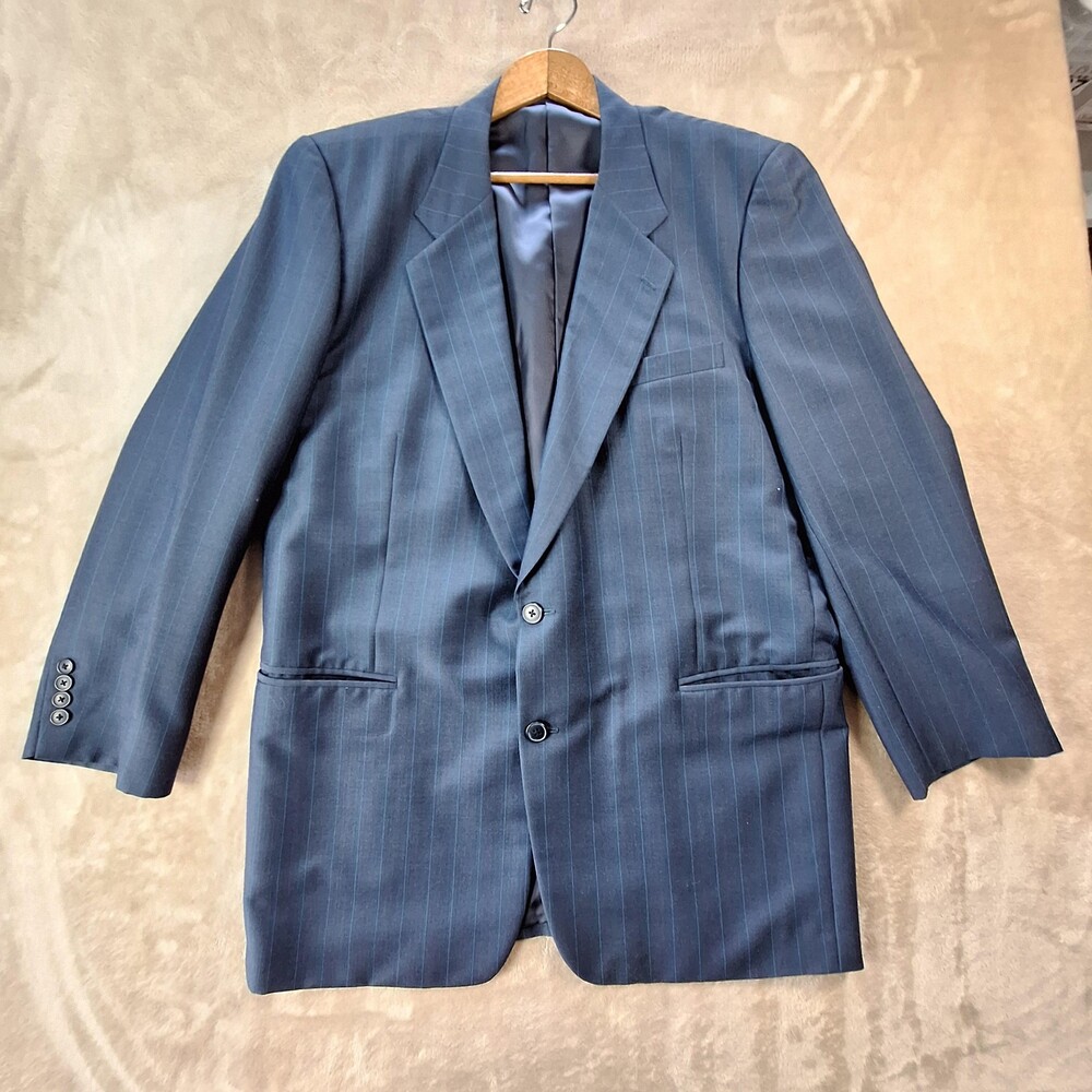 Vintage Rocks Custom Tailor Suit Jacket Mens 44 Blue Wool Single Vent 2 Btn 90s